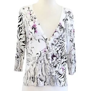 White House Black Market Floral Zebra Snakeskin Print Snap Cardigan Sweater Sz M